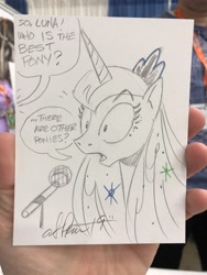Size: 1536x2048 | Tagged: safe, artist:andypriceart, imported from derpibooru, princess luna, alicorn, pony, best pony, bust, female, hand, irl, mare, microphone, open mouth, pencil drawing, photo, solo, speech bubble, surprised, traditional art, wat, wide eyes