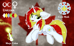 Size: 2000x1250 | Tagged: safe, artist:lunar froxy, imported from derpibooru, oc, oc only, oc:qc, pony, unicorn, canada, canadian flag, cheek fluff, chest fluff, ear fluff, eye clipping through hair, female, fluffy, happy, mare, patreon, patreon reward, reference sheet, solo