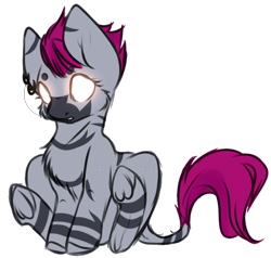 Size: 794x757 | Tagged: safe, artist:fi-senpai, imported from derpibooru, oc, oc only, oc:zjin-wolfwalker, pony, zebra, chest fluff, chibi, female, glowing eyes, quadrupedal, simple background, sitting, solo, transparent background, underhoof