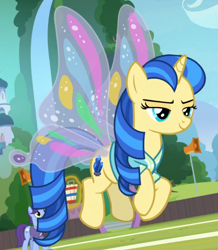 Size: 572x656 | Tagged: safe, imported from derpibooru, screencap, mystic moonlight, november rain, pony, unicorn, 2 4 6 greaaat, buckball, butterfly wings, flying, friendship student, glimmer wings, wings