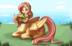 Size: 1111x719 | Tagged: safe, artist:bumblebun, imported from derpibooru, fluttershy, oc, oc:rye, anthro, centaur, dragon, pegasus, taur, anthro centaur, baby, baby dragon, centaurshy, female, laying on stomach, mare, meadow, ponytaur, prone