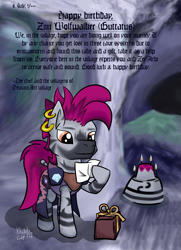 Size: 1201x1657 | Tagged: safe, artist:khaki-cap, imported from derpibooru, oc, oc only, oc:zjin-wolfwalker, pony, zebra, birthday, birthday art, birthday cake, birthday gift, cake, cave, clothes, ear piercing, earring, female, food, gift art, jewelry, piercing, present, quadrupedal, reading, solo