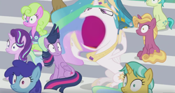 Size: 1366x725 | Tagged: safe, edit, edited screencap, imported from derpibooru, screencap, citrine spark, clever musings, cloudburst, daisy, fire flicker, fire quacker, flower wishes, gallus, princess celestia, sandbar, starlight glimmer, twilight sparkle, alicorn, 2 4 6 greaaat, big mouth, friendship student, twilight sparkle (alicorn), yelling