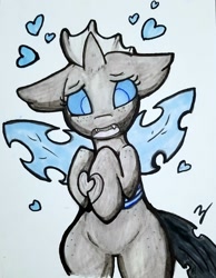 Size: 1280x1652 | Tagged: safe, artist:zutcha, imported from derpibooru, changeling, blue changeling, cute, freckles, heart, signature, solo, traditional art