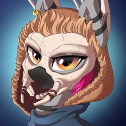 Size: 700x700 | Tagged: safe, artist:ask-colorsound, imported from derpibooru, oc, oc only, oc:zjin-wolfwalker, pony, zebra, bust, cloak, clothes, ear piercing, earring, female, jewelry, piercing, portrait, quadrupedal, shaman, skull, solo