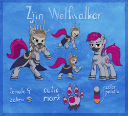 Size: 2800x2552 | Tagged: safe, artist:danli69, imported from derpibooru, oc, oc:zjin-wolfwalker, zebra, clothes, coat, female, lidded eyes, quadrupedal, rearing, reference sheet, skull, tail wrap