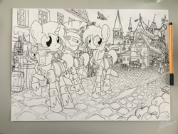 Size: 2048x1536 | Tagged: safe, artist:flaremoon, imported from derpibooru, oc, pony, unicorn, airship, armor, city, guard, guardian, market, medieval, patrol, sketch, sword, traditional art, walking, weapon