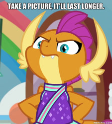 Size: 600x666 | Tagged: safe, edit, edited screencap, imported from derpibooru, screencap, smolder, dragon, 2 4 6 greaaat, angry, caption, dragoness, female, image macro, memeful.com, solo, text