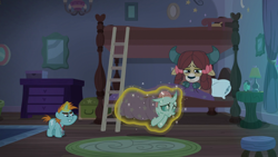 Size: 1920x1080 | Tagged: safe, imported from derpibooru, screencap, ocellus, snips, yona, changedling, changeling, pony, unicorn, yak, 2 4 6 greaaat, bedroom, blanket, bunk bed, colt, dorm, dormitory, dresser, female, glowing horn, horn, ladder, magic, male, roommates, rug, school of friendship, stool, telekinesis, waking up, whistle, whistle necklace