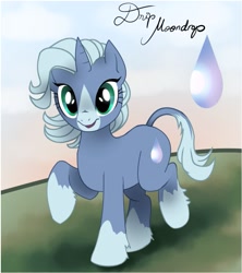 Size: 833x940 | Tagged: safe, artist:moondrop, imported from derpibooru, oc, oc only, oc:drip moondrop, pony, unicorn, coat markings, female, grass, mare, raised hoof, socks (coat marking), socks (coat markings), solo