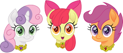 Size: 1500x655 | Tagged: safe, artist:cloudy glow, artist:cloudyglow, imported from derpibooru, apple bloom, scootaloo, sweetie belle, earth pony, pegasus, pony, unicorn, bow, cute, cutie mark crusaders, element of honesty, element of loyalty, element of magic, elements of harmony, female, looking at you, movie accurate, simple background, smiling, transparent background