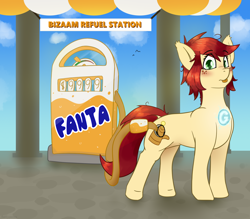 Size: 1498x1312 | Tagged: safe, artist:fuzzypones, deleted from derpibooru, imported from derpibooru, oc, oc:canni soda, earth pony, pony, robot, robot pony, :p, bizaam, blushing, colored, fanta, female, freckles, galacon, gas pump, mare, solo, tongue out