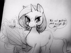Size: 3968x2976 | Tagged: safe, artist:moondrop, imported from derpibooru, oc, oc only, oc:drip moondrop, pony, unicorn, female, mare, monochrome, pen, sketch, solo, traditional art