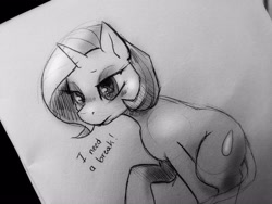 Size: 3968x2976 | Tagged: safe, artist:moondrop, imported from derpibooru, oc, oc only, oc:drip moondrop, pony, unicorn, cute, female, mare, monochrome, sketch, solo, tired, traditional art