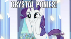 Size: 642x353 | Tagged: safe, edit, edited screencap, editor:undeadponysoldier, imported from derpibooru, screencap, rarity, pony, unicorn, the crystal empire, caption, crystal ponies!, cute, female, happy, hooves on cheeks, hub logo, image macro, mare, meme, raribetes, smiling, squishy cheeks, text
