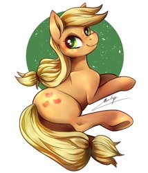 Size: 854x1000 | Tagged: safe, artist:moondrop, imported from derpibooru, applejack, earth pony, pony, applebutt, female, hatless, looking at you, looking back, looking back at you, lying, lying down, mare, missing accessory, prone, relaxing, smiling, solo