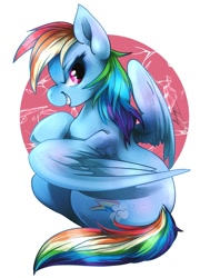 Size: 718x1000 | Tagged: safe, artist:moondrop, imported from derpibooru, rainbow dash, pegasus, pony, abstract background, confident, cute, female, grin, mare, smiling, solo