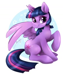 Size: 1280x1504 | Tagged: safe, artist:moondrop, imported from derpibooru, twilight sparkle, alicorn, pony, abstract background, cute, cutie mark, female, mare, raised hoof, sitting, smiling, solo, twiabetes, twilight sparkle (alicorn), wings