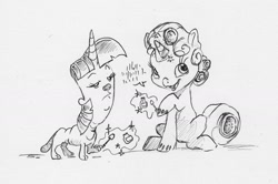 Size: 1859x1235 | Tagged: safe, artist:dilarus, deleted from derpibooru, imported from derpibooru, sweetie belle, twilight sparkle, pony, unicorn, comic:sweetie belle—master of twilights, comic:the many faces of twilight sparkle, dialogue, female, filly, magic, monochrome, nail polish, not salmon, open mouth, simple background, species swap, telekinesis, toenail polish, traditional art, wat, white background