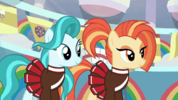 Size: 640x360 | Tagged: safe, imported from derpibooru, screencap, lighthoof, shimmy shake, earth pony, pony, 2 4 6 greaaat, animated, clothes, cute, duo, female, gif, mare, pleated skirt, ponytail, school of friendship, skirt