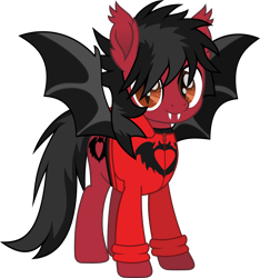 Size: 922x987 | Tagged: safe, artist:lightningbolt, derpibooru exclusive, imported from derpibooru, bat pony, pony, .svg available, bat wings, clandestine industries, clothes, colored pupils, ear fluff, fall out boy, fangs, hair over one eye, hoodie, looking at you, male, messy mane, messy tail, movie accurate, pete wentz, ponified, shirt, simple background, slit eyes, slit pupils, solo, spread wings, stallion, svg, transparent background, undershirt, vector, wings