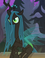 Size: 555x718 | Tagged: safe, imported from derpibooru, screencap, queen chrysalis, changeling, changeling queen, frenemies (episode), cropped, female, sitting, solo