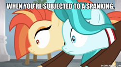 Size: 600x337 | Tagged: safe, edit, edited screencap, imported from derpibooru, screencap, lighthoof, shimmy shake, pony, 2 4 6 greaaat, imminent spanking, memeful.com