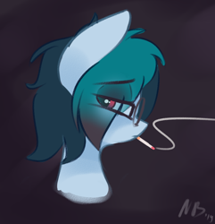 Size: 1168x1210 | Tagged: safe, artist:nevobaster, imported from derpibooru, oc, oc only, oc:delta vee, pegasus, pony, abstract background, black background, bust, depressed, eye clipping through hair, female, head only, mare, portrait, simple background, smoking, solo