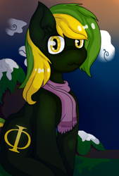 Size: 374x552 | Tagged: safe, artist:mootsarts, imported from derpibooru, oc, oc only, oc:vermont black, earth pony, pony, clothes, cloud, gradient background, looking at you, male, mountain, phi, scarf, sitting, snow, solo, stallion