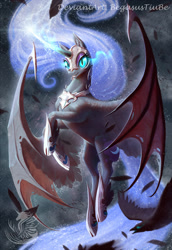 Size: 1015x1476 | Tagged: safe, artist:begasus, imported from derpibooru, nightmare moon, alicorn, pony, female, flying, glowing horn, horn, hybrid wings, magic, magic aura, mare, slit eyes, slit pupils, solo, spread wings, wings