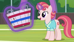 Size: 1177x678 | Tagged: safe, imported from derpibooru, screencap, cinnamon twist, pony, unicorn, 2 4 6 greaaat, basket, buckball court, buckball uniform, buckbasket, bushel basket, clothes, female, glowing horn, horn, magic, magic aura, mare, shirt, smiling, solo, telekinesis