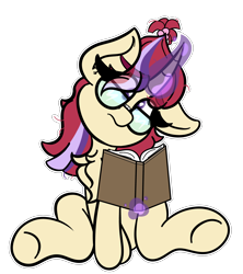 Size: 2000x2250 | Tagged: safe, artist:theawkwarddork, imported from derpibooru, moondancer, pony, unicorn, book, chest fluff, female, glasses, glowing horn, horn, magic, mare, sitting, solo, sticker, telekinesis, underhoof