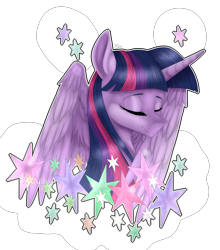 Size: 2837x3230 | Tagged: safe, artist:norrixcurral08, imported from derpibooru, part of a set, twilight sparkle, alicorn, pony, bust, eyes closed, female, portrait, signature, simple background, smiling, solo, stars, transparent background, twilight sparkle (alicorn)