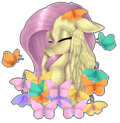 Size: 3043x3133 | Tagged: safe, artist:norrixcurral08, imported from derpibooru, part of a set, fluttershy, butterfly, pegasus, pony, bust, cute, eyes closed, female, floppy ears, hooves to the chest, mare, outline, portrait, shyabetes, signature, simple background, smiling, solo, stray strand, three quarter view, transparent background, white outline