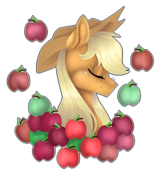 Size: 3047x3376 | Tagged: safe, artist:norrixcurral08, imported from derpibooru, part of a set, applejack, pony, apple, applejack's hat, bust, cowboy hat, eyes closed, female, food, freckles, hat, portrait, signature, simple background, smiling, solo, transparent background