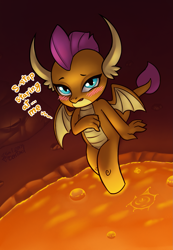 Size: 1167x1689 | Tagged: safe, artist:soulcentinel, imported from derpibooru, smolder, dragon, blushing, cute, dragoness, female, lava, looking at you, sitting, smolderbetes, solo, wings