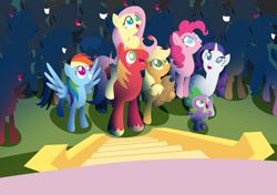 Size: 3400x2400 | Tagged: safe, anonymous artist, imported from derpibooru, applejack, big macintosh, fluttershy, pinkie pie, rainbow dash, rarity, spike, dragon, series:fm holidays, crowd, eye reflection, female, fluttermac, fluttershy riding big macintosh, hat off, lineless, looking up, male, no pupils, open mouth, ponies riding ponies, reflection, riding, shipping, silhouette, smiling, spread wings, stage, stairs, straight, summer sun celebration, winged spike, wings