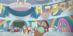 Size: 1366x684 | Tagged: safe, imported from derpibooru, screencap, lighthoof, ocellus, rainbow dash, shimmy shake, smolder, snails, snips, yona, changedling, changeling, dragon, earth pony, pegasus, pony, unicorn, yak, 2 4 6 greaaat, blindfold, blindfolded, cap, chest, coach rainbow dash, colt, dragoness, face paint, female, flag, gym, hat, levitation, magic, magic aura, male, mare, merchandise, self-levitation, telekinesis, top hat, whistle