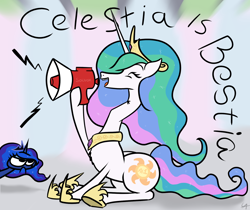 Size: 1600x1342 | Tagged: safe, artist:underwoodart, imported from derpibooru, princess celestia, princess luna, alicorn, pony, duo, female, gift art, hoof hold, mare, megaphone, siblings, signature, simple background, sisters, sitting, updated