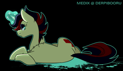 Size: 1550x900 | Tagged: safe, artist:medix, imported from derpibooru, oc, oc only, oc:medix, pony, undead, unicorn, zombie, looking back, lying down, magic, magic aura, nurse, solo, splatter, stitches