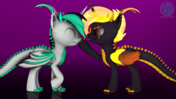 Size: 3840x2160 | Tagged: safe, artist:technickarts, imported from derpibooru, oc, oc:archie cloud, oc:phoenix stardash, alicorn, dracony, hybrid, 3d, alicorn oc, boop, dracony alicorn, ear fluff, ethereal mane, mirror, scales, slit eyes, slit pupils, source filmmaker, spikes, volumetric light, watermark