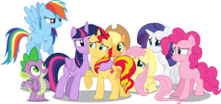 Size: 1024x485 | Tagged: safe, artist:shutterflyeqd, imported from derpibooru, applejack, fluttershy, pinkie pie, rainbow dash, rarity, spike, sunset shimmer, twilight sparkle, alicorn, dragon, earth pony, pegasus, pony, unicorn, equestria girls, cute, female, hug, male, mane seven, mane six, mare, ponified, simple background, stock vector, transparent background, twilight sparkle (alicorn), vector