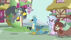 Size: 1334x750 | Tagged: safe, imported from derpibooru, screencap, gabby, gallus, silverstream, spike, yona, dragon, griffon, hippogriff, yak, dragon dropped, bag, camera, cute, diastreamies, female, flying, gabbybetes, gallabetes, male, saddle bag, shipping fuel, wide eyes, winged spike, wings, yonadorable