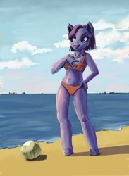 Size: 935x1280 | Tagged: safe, artist:lana-plushka, imported from derpibooru, oc, anthro, pony, beach, beach ball, bikini, clothes, swimsuit