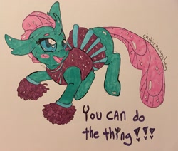 Size: 3569x3024 | Tagged: safe, artist:chibichangeling, imported from derpibooru, ocellus, changedling, changeling, 2 4 6 greaaat, cheerleader, cute, diaocelles, female, off color, precious cinnamon bun, reformed, solo, text, traditional art