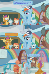 Size: 1366x2056 | Tagged: safe, edited screencap, imported from derpibooru, screencap, lighthoof, ocellus, rainbow dash, shimmy shake, smolder, yona, changedling, changeling, dragon, earth pony, pegasus, pony, yak, 2 4 6 greaaat, ball, baseball cap, blindfold, blindfolded, cabinet, cap, clothes, cloud, coach rainbow dash, dialogue, door, dragoness, female, flying, giving up, gym, hat, mare, pleated skirt, ponytail, rainbow, screencap comic, skirt, speech bubble, trophy, whistle