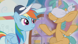 Size: 1364x768 | Tagged: safe, imported from derpibooru, screencap, rainbow dash, snails, pony, 2 4 6 greaaat, blindfold, blindfolded, cap, coach rainbow dash, hat, levitation, magic, self-levitation, telekinesis