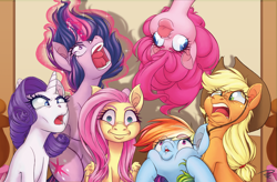 Size: 4542x2973 | Tagged: safe, artist:prismspark, imported from derpibooru, applejack, fluttershy, pinkie pie, rainbow dash, rarity, twilight sparkle, alicorn, earth pony, pegasus, pony, unicorn, cheek squish, duckface, ear fluff, faic, female, funny face, funny faces, glowing, glowing horn, horn, magic, mane six, mare, silly, silly pony, squishy cheeks, telekinesis, twilight sparkle (alicorn), upside down