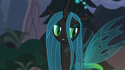 Size: 1280x720 | Tagged: safe, imported from derpibooru, screencap, queen chrysalis, changeling, changeling queen, frenemies (episode), female, forest, solo