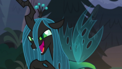 Size: 1920x1080 | Tagged: safe, imported from derpibooru, screencap, queen chrysalis, changeling, changeling queen, frenemies (episode), fangs, female, forest, mawshot, open mouth, solo, uvula